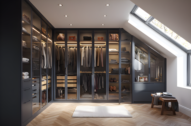 A modern walk-in closet with glass-front wardrobes, hanging clothes, shelves, drawers, and a bench under a skylight, featuring organized storage, natural lighting, and the benefits of professional installation.