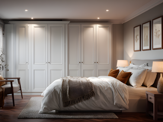 A neatly made bed with white bedding and brown accent pillows, a bedside lamp, statement furniture, framed artwork, a chair, and built-in glass door wardrobes in a softly lit bedroom—perfect for stylish UK homes.