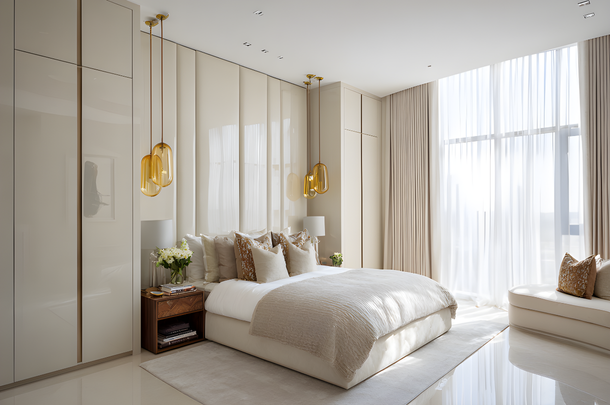 A modern bedroom features a large bed with white bedding, beige walls, floor-to-ceiling windows with sheer curtains, statement furniture, and gold pendant lights hanging on each side of the bed.