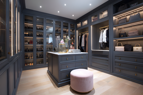 A spacious, modern walk-in closet with dark cabinets, shelves of shoes and handbags, hanging clothes, a central island, and a pink round stool on light wood flooring.