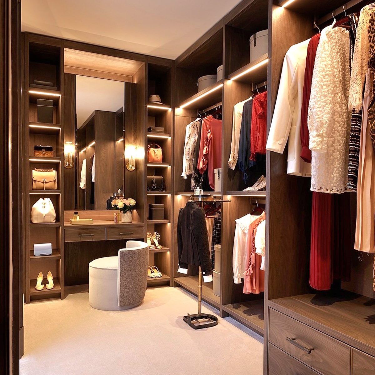 A bespoke walk-in closet in London designed by Mr. Wardrobe, featuring abundant storage space.