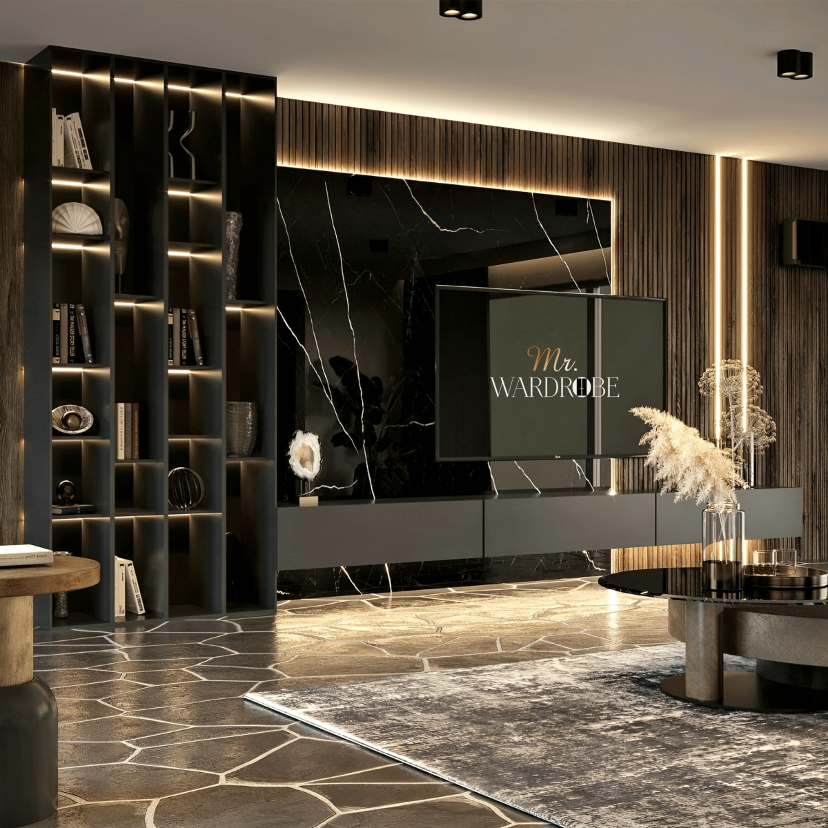 A London living room with bespoke black walls and marble floors designed by Mr. Wardrobe.