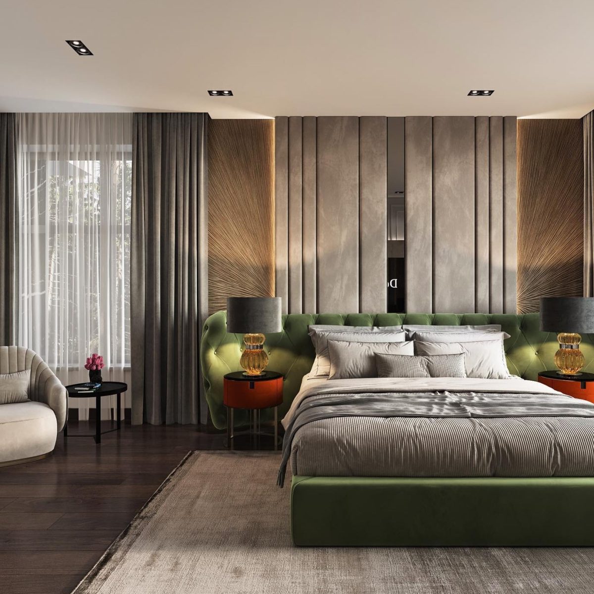 A modern bedroom with green accents and wooden floors, furnished with a bespoke Mr Wardrobe from London.