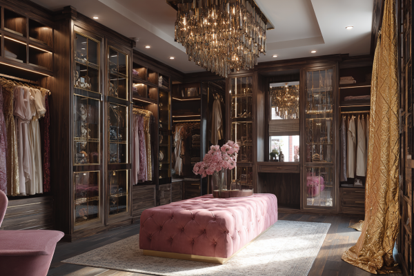 u5467291246_Boutique-style_fitted_dressing_room_with_custom_w_76ed9848-aacd-409d-8651-01d101566f15_2 Luxurious walk-in closet with glass-front wardrobes UK style, a pink tufted bench, chandelier, and a vase of pink flowers on a gray rug; gold curtains and dresses displayed.