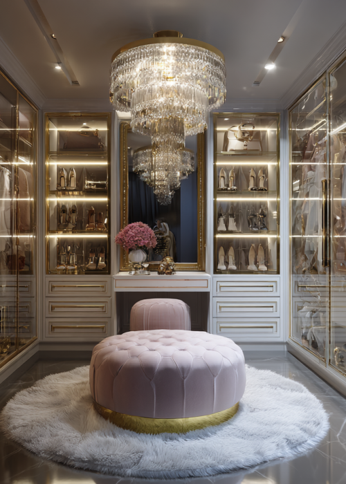 POPUP MR WARDROBE A luxurious walk-in closet with glass-front wardrobes, shelves of shoes and handbags, a pink tufted ottoman, chandelier, and a vanity with flowers on a white round rug.